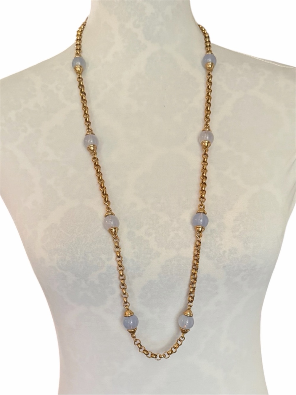 Gold Tone Chain Necklace with Pale Blue Beads – Bold Statement